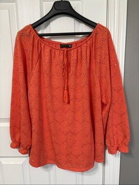 Rafaella Coral-Orange Eyelet Peasant Blouse